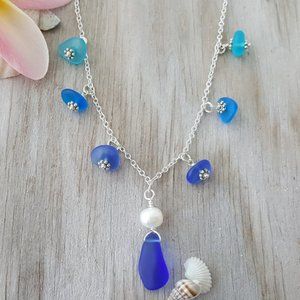 "Three Colors of Hawaii Ocean" Sea Glass + Natural Pear Necklace Jewelry Gift